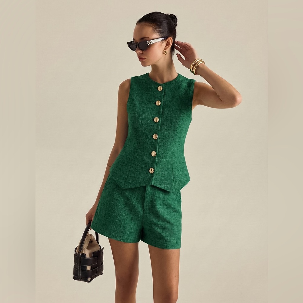 Commense Emerald Green Sleeveless Tailored Shorts Set